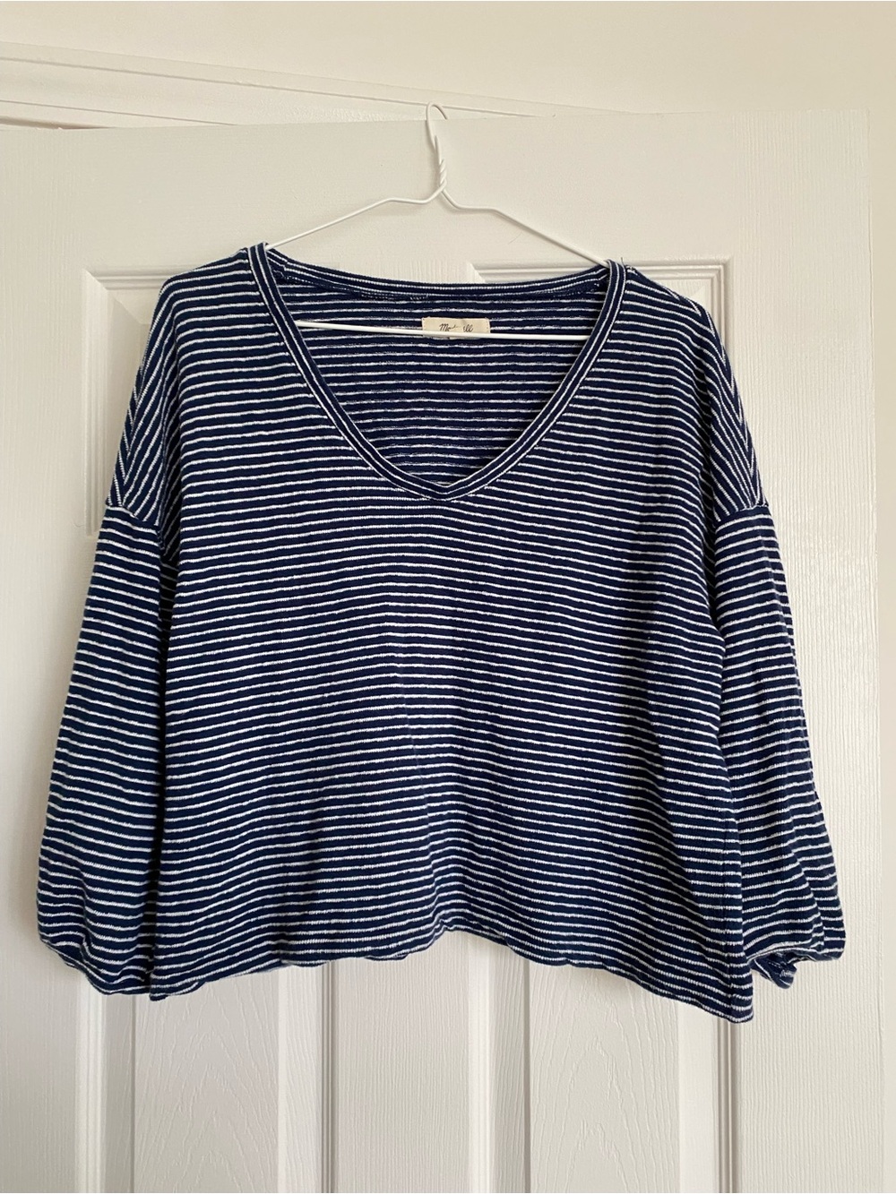 Madewell Navy and White Striped V-Neck 3/4 Sleeve Top
